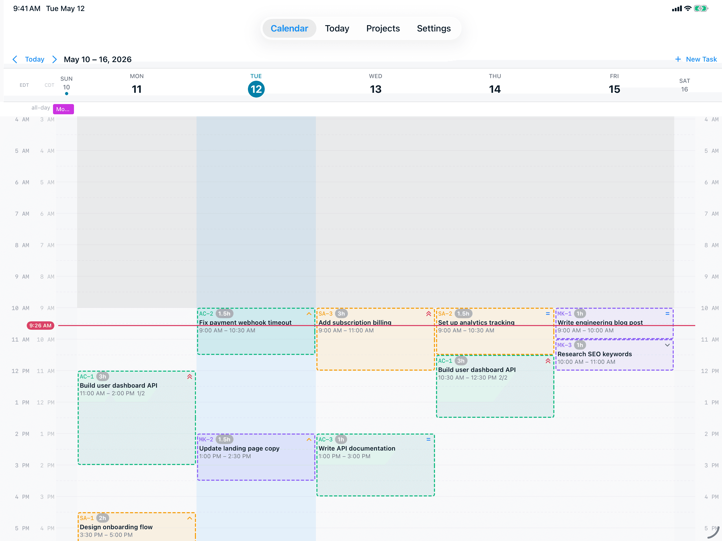 AI Calendar Buddy weekly calendar seeded with engineering tickets, deep-work blocks, and standup events