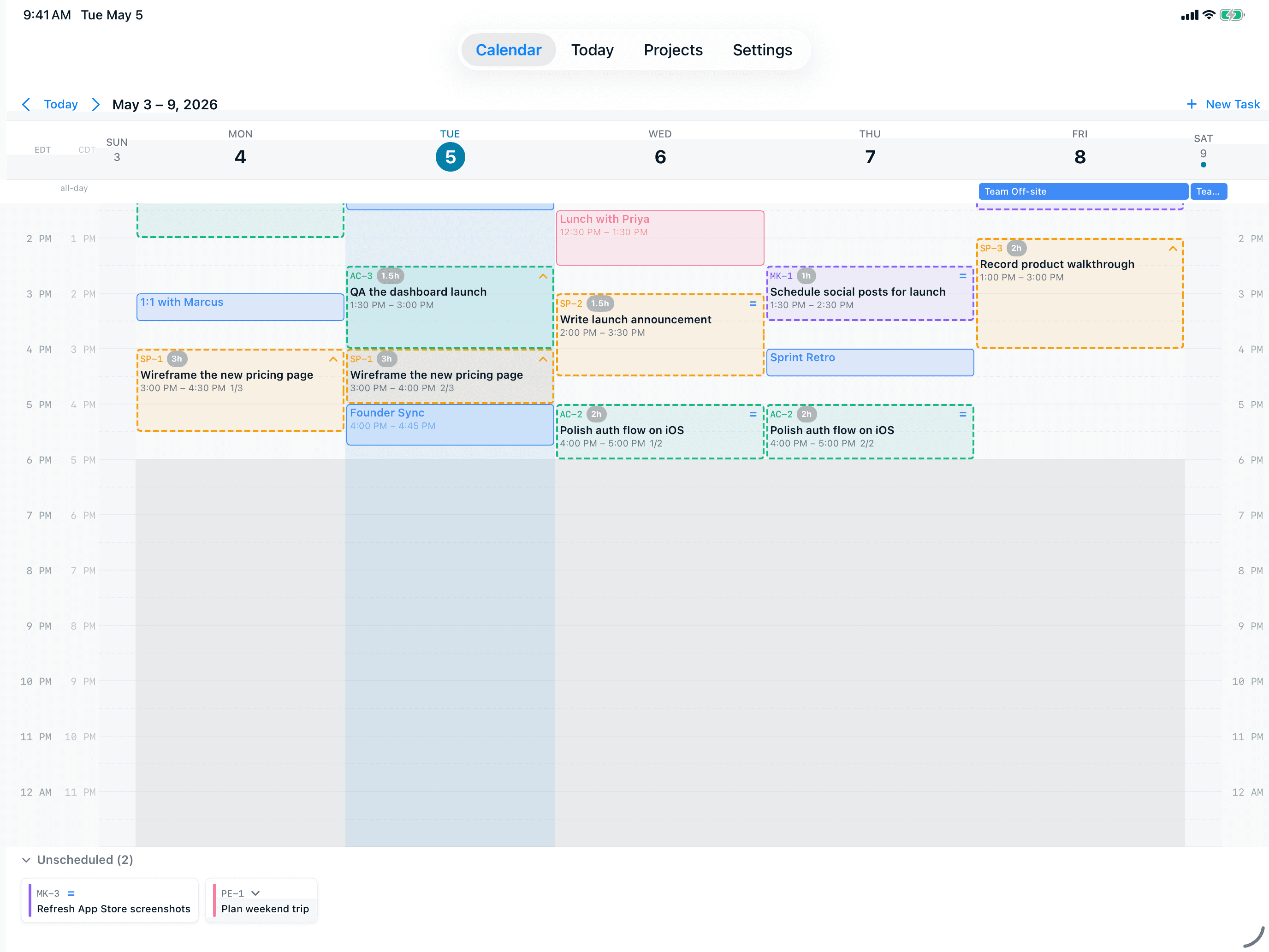 AI Calendar Buddy weekly calendar with AI-placed task blocks alongside imported events
