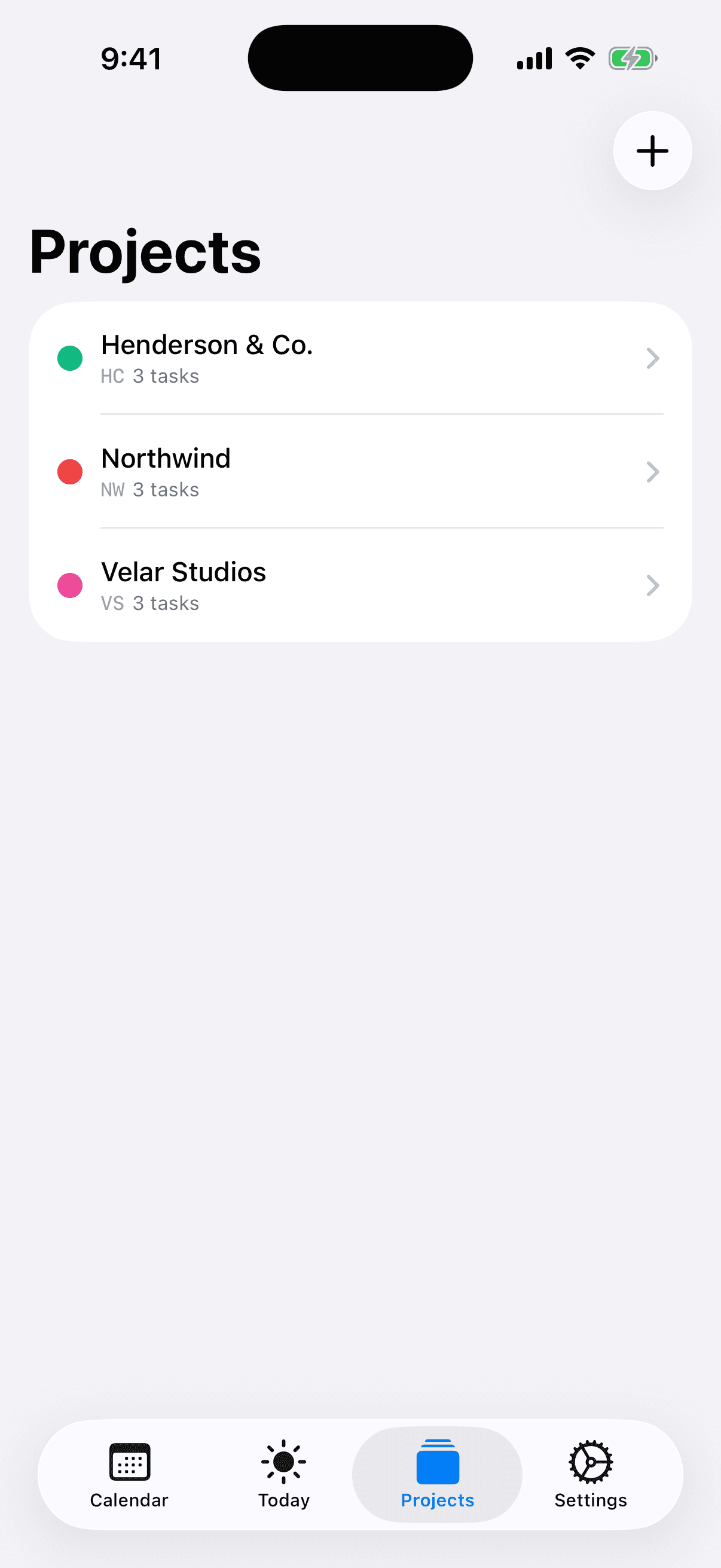 AI Calendar Buddy projects screen with three color-coded consulting clients