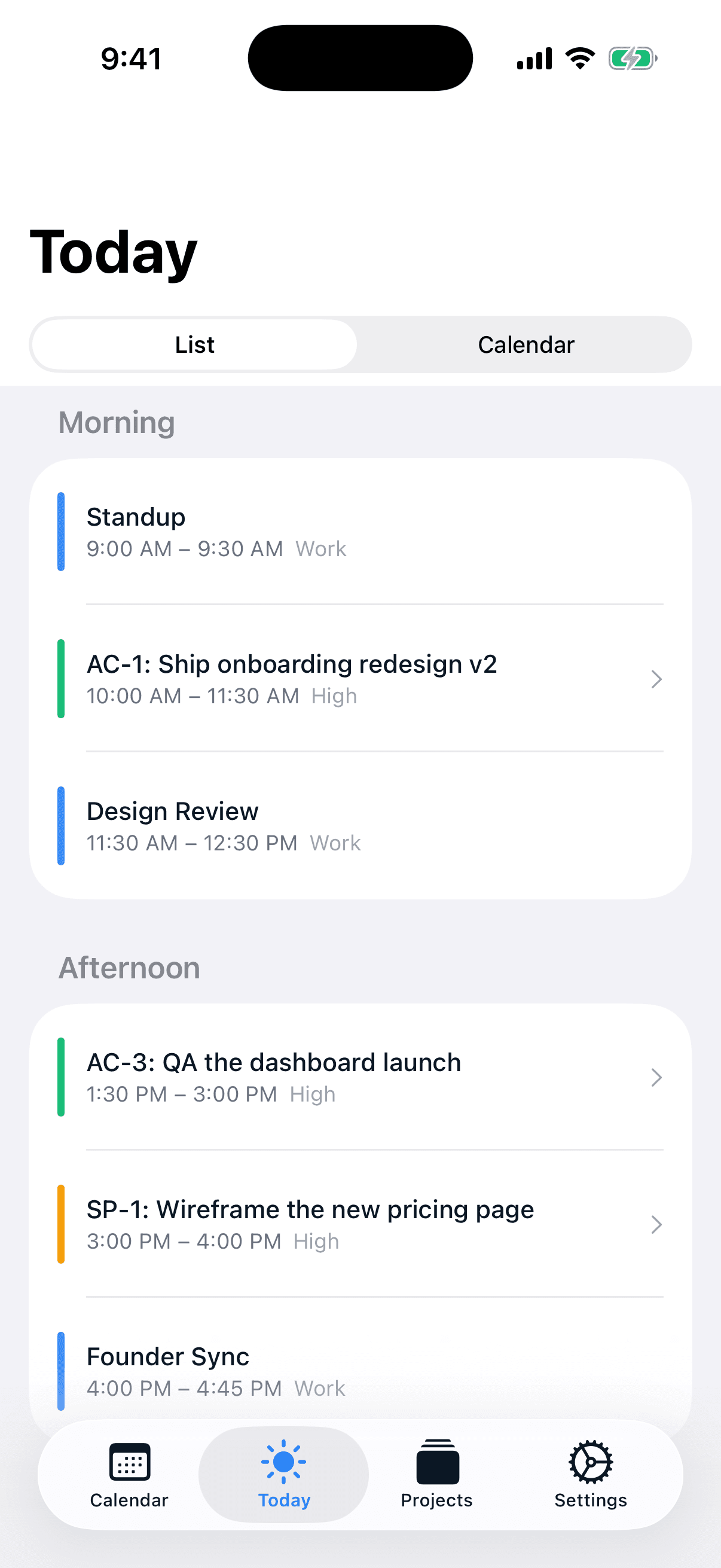 AI Calendar Buddy Today view grouped into morning and afternoon focus blocks
