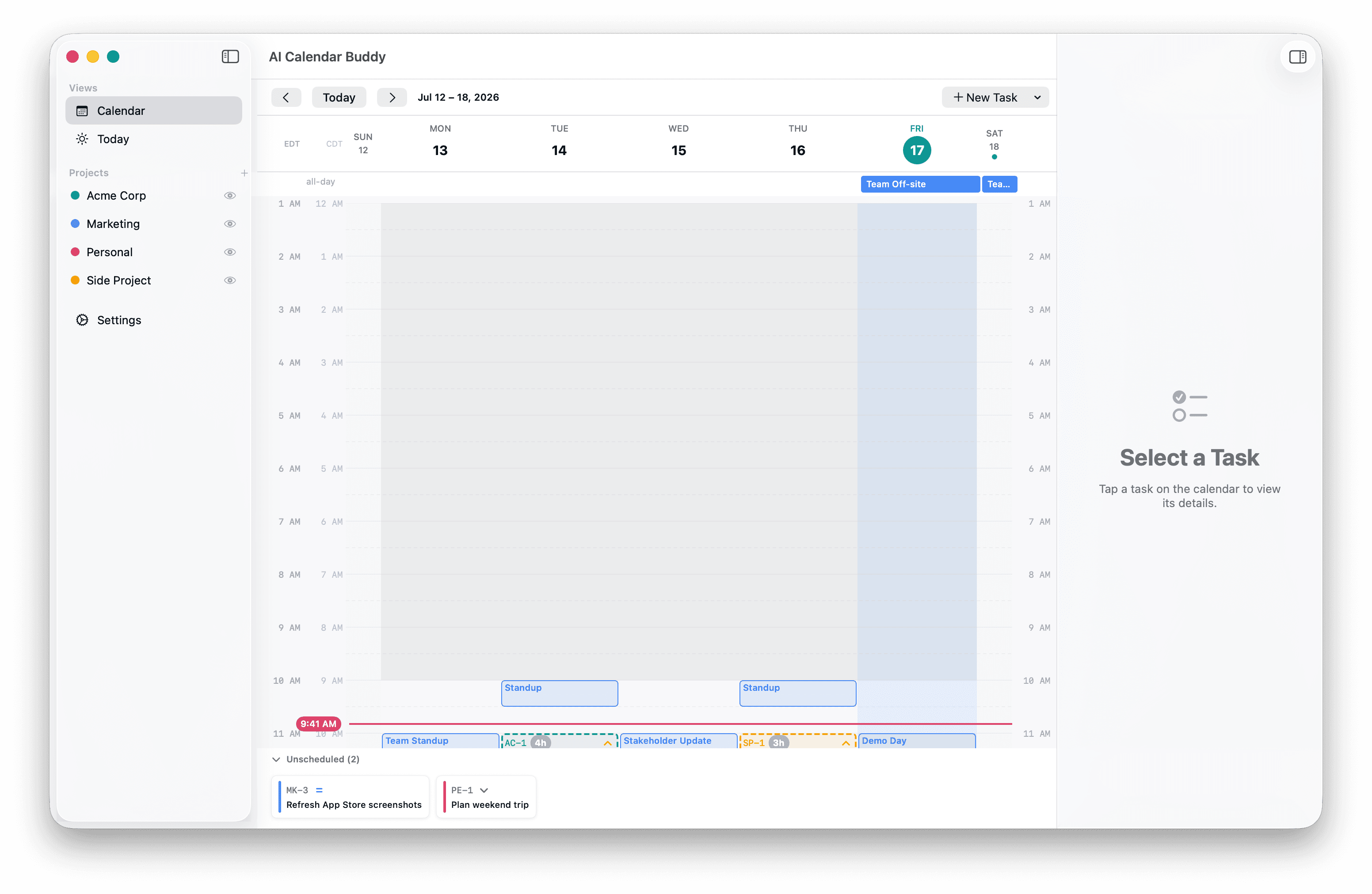 AI Calendar Buddy weekly view on macOS with AI-placed task blocks